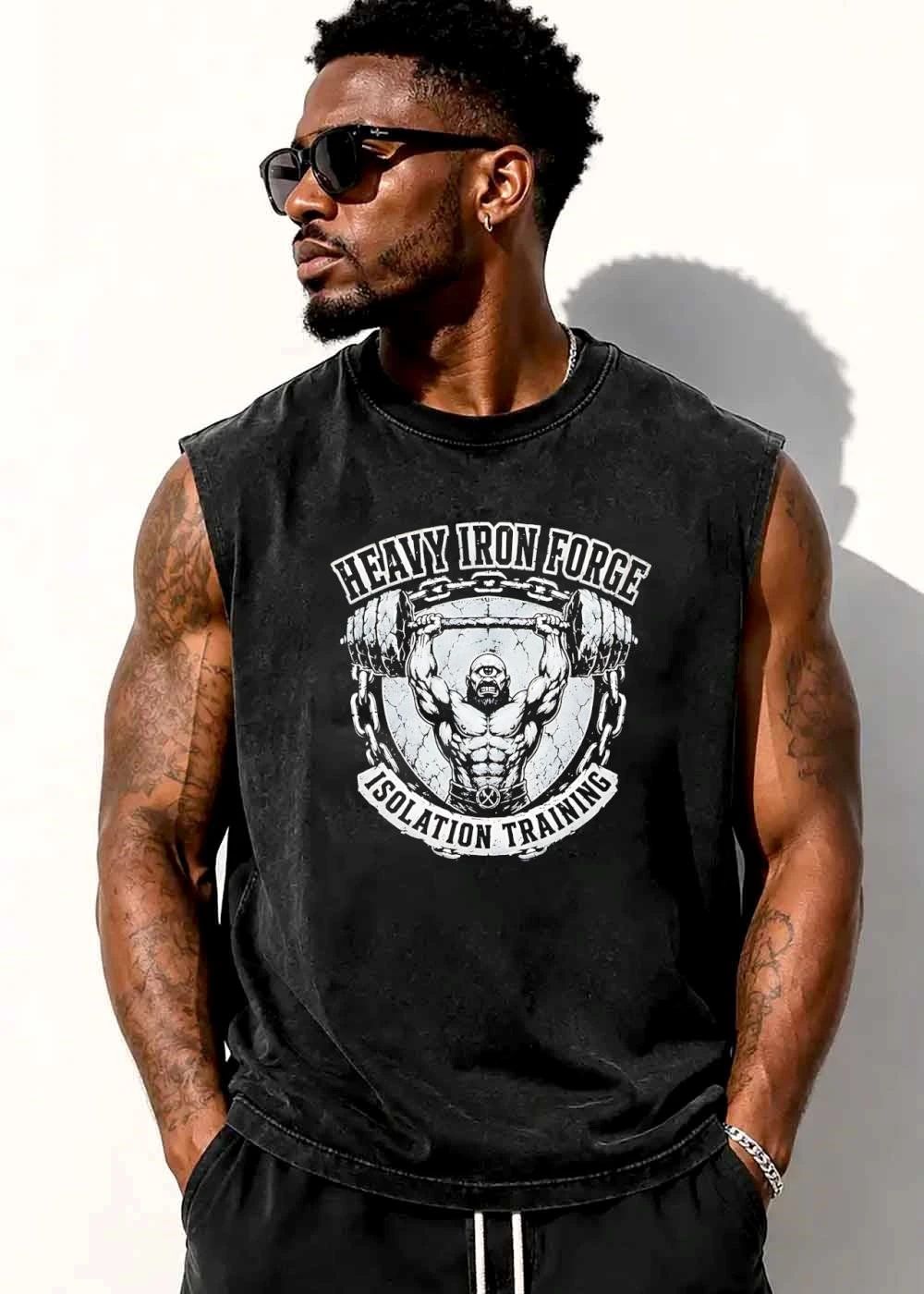 Heavy Iron Forge Isolation Training Muscular Cyclops Overhead Barbell Press Distressed shirt