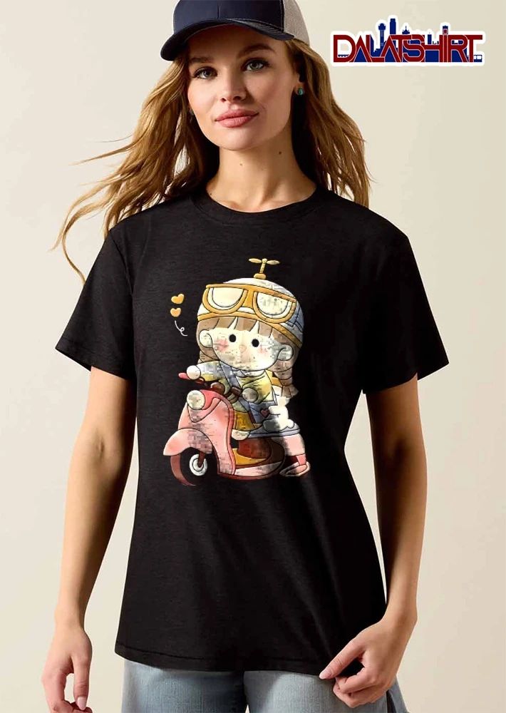 Cartoon Girl Propeller Helmet Goggles Riding Pink Moped Scooter Hearts Watercolor shirt