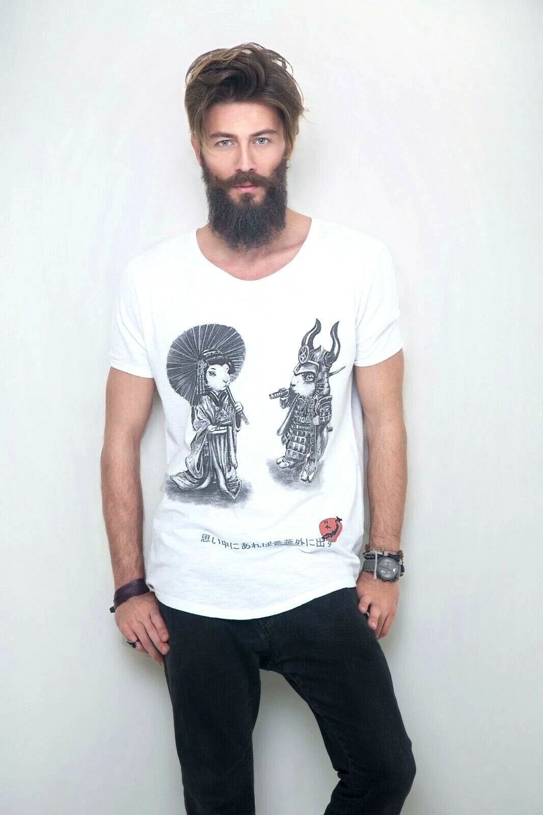 Men's T-Shirt, Hand Drawn Digital Print, Stylish Neck and Arm Detail