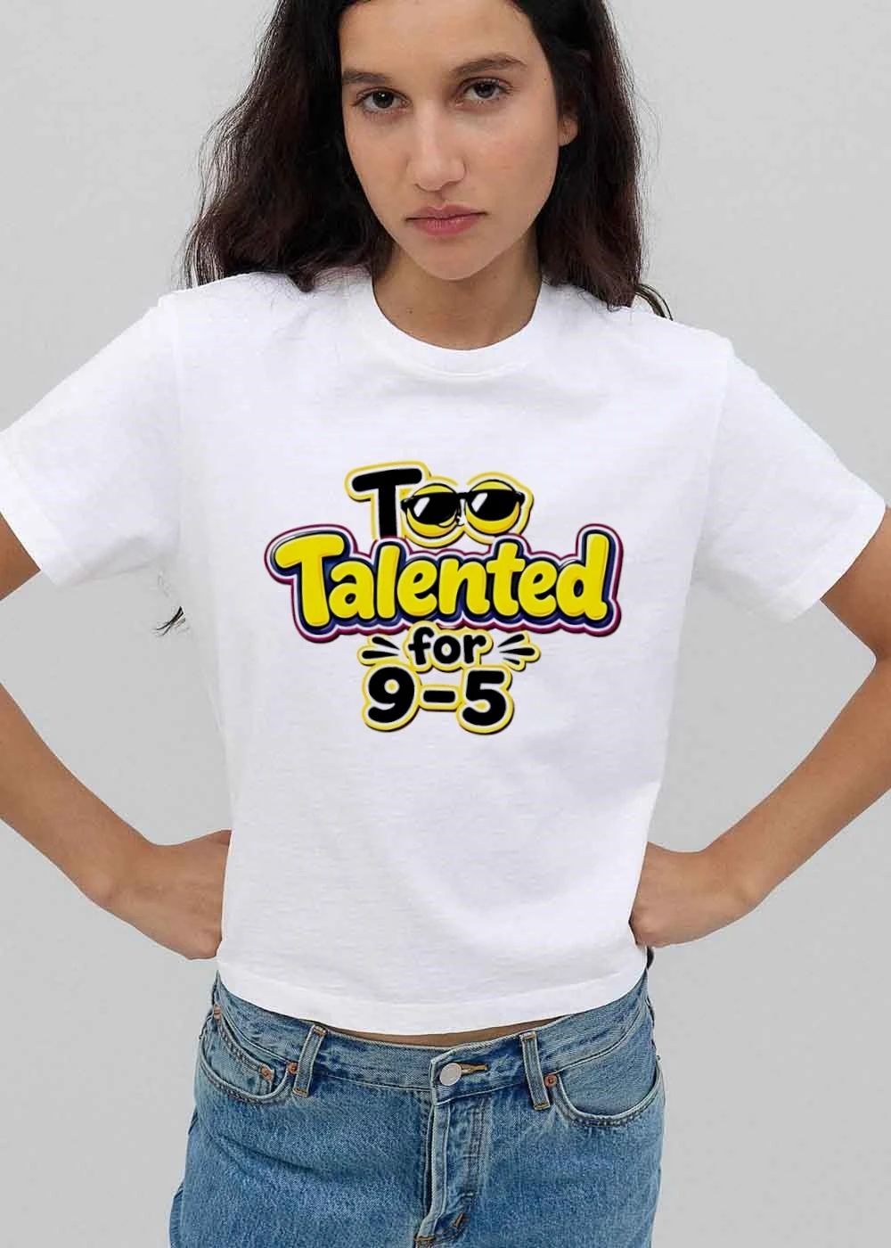 Too Talented For 9 5 Yellow Cartoon Bubble Text Emoji Sunglasses shirt