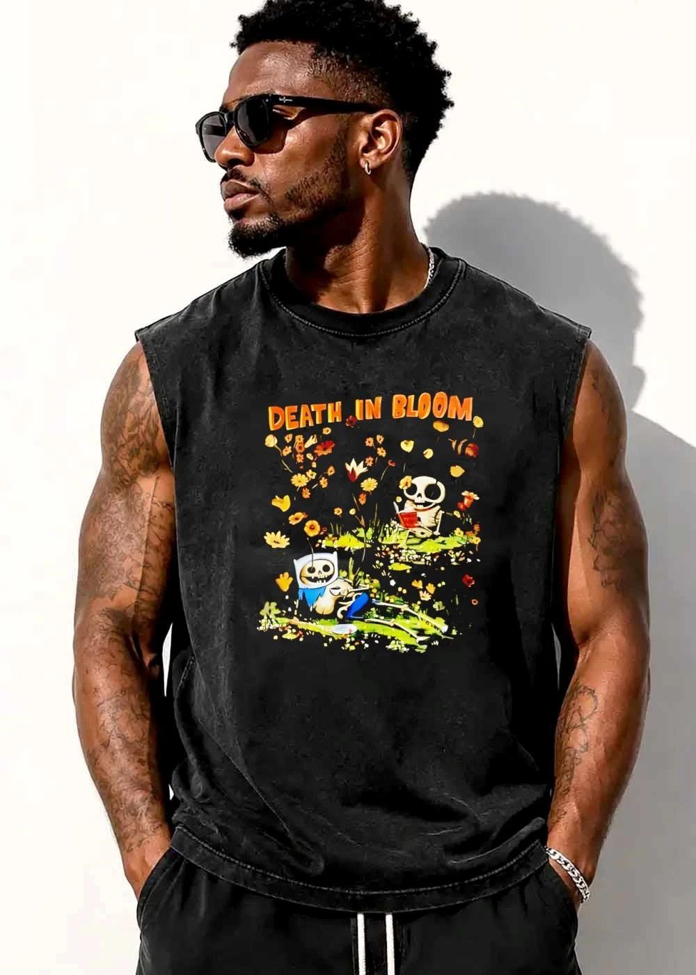 Death In Bloom Cartoon Skeleton Characters Reading Flower Garden shirt