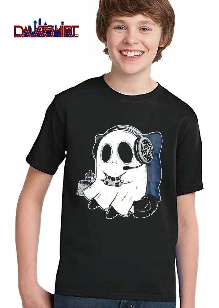 Cute Cartoon Gamer Ghost Wearing Headset Controller Sleeping Black Cat shirt