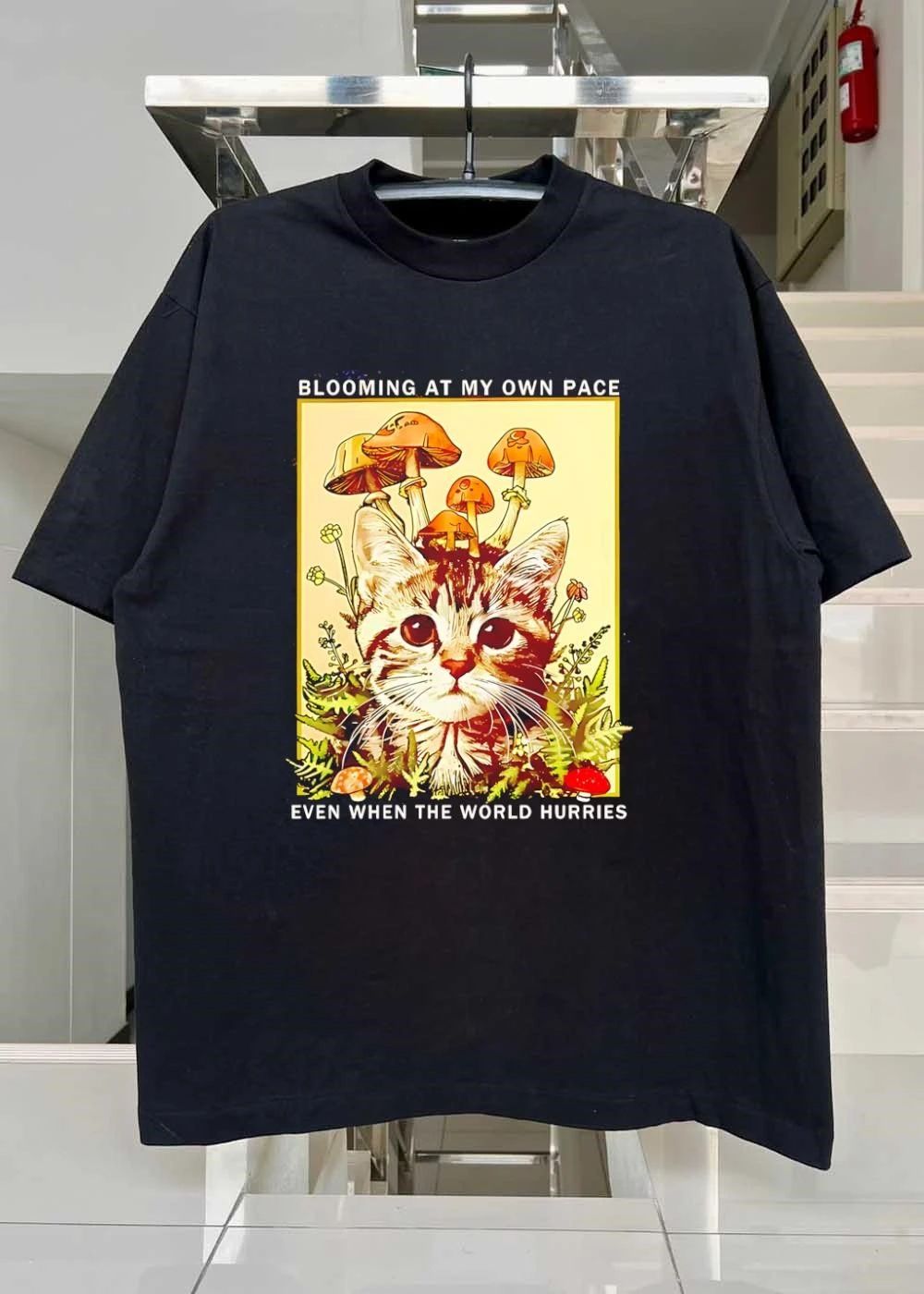 Blooming at My Own Pace Even When the World Hurries Cute Cat Mushroom shirt