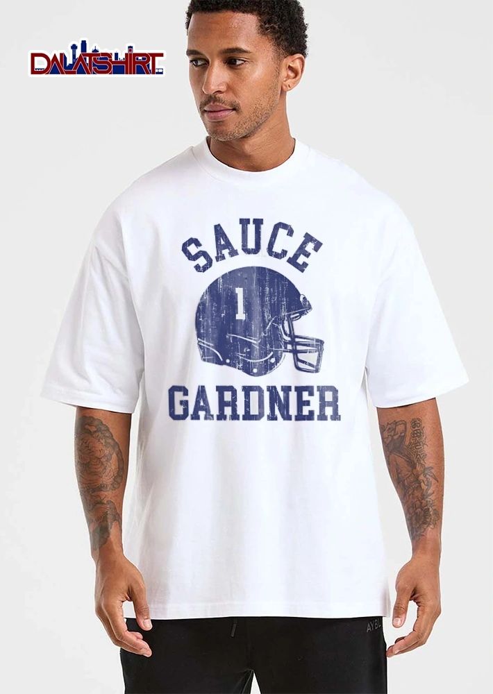 Sauce Gardner Distressed Vintage Blue Football Helmet Number 1 shirt