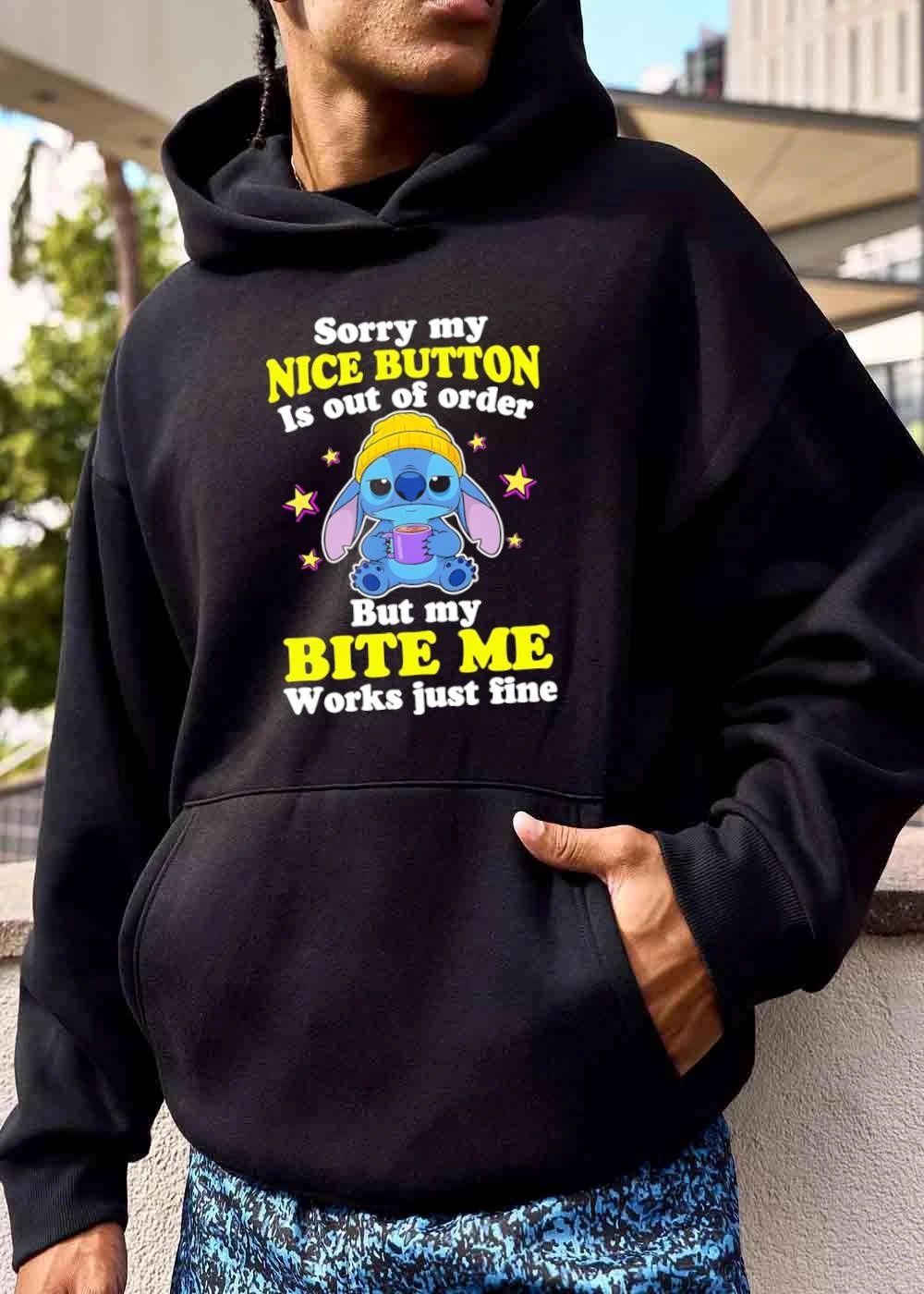 Sorry My Nice Button Is Out Of Order But Bite Me Works Just Fine Cartoon Blue Alien Beanie Purple Mug shirt