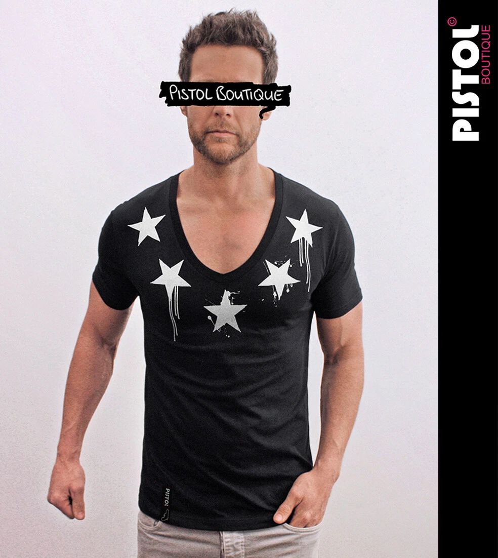 Pistol Boutique men's Fitted Black Deep V neck CHEST NECK PAINT STARS T-shirt
