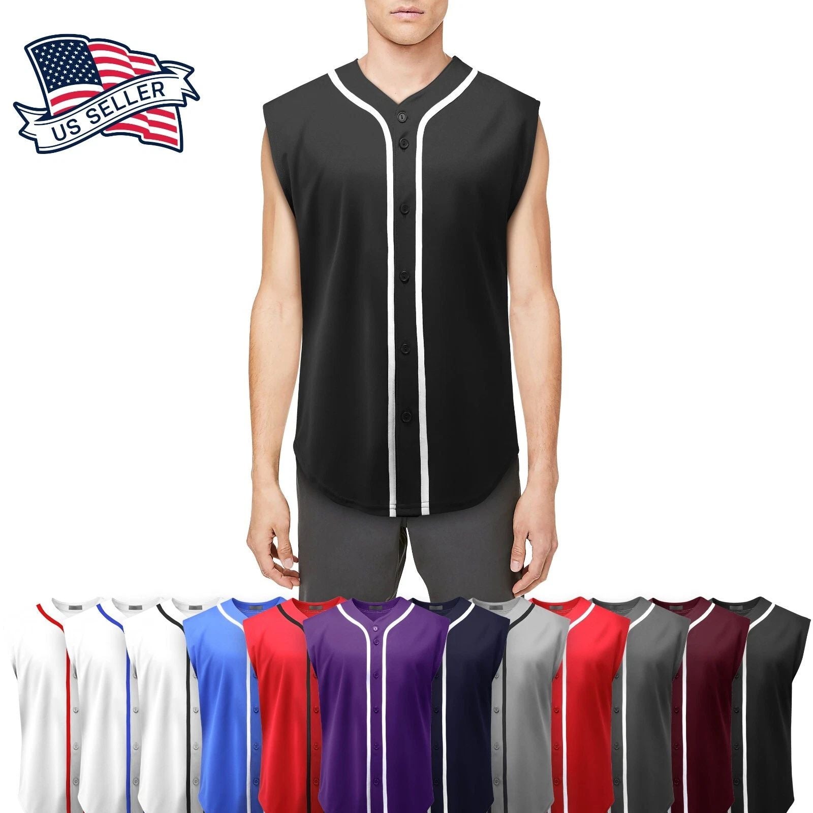 Mens Baseball Jersey Sleeveless Muscle T Shirt Uniform Solid Hipster Button Tee