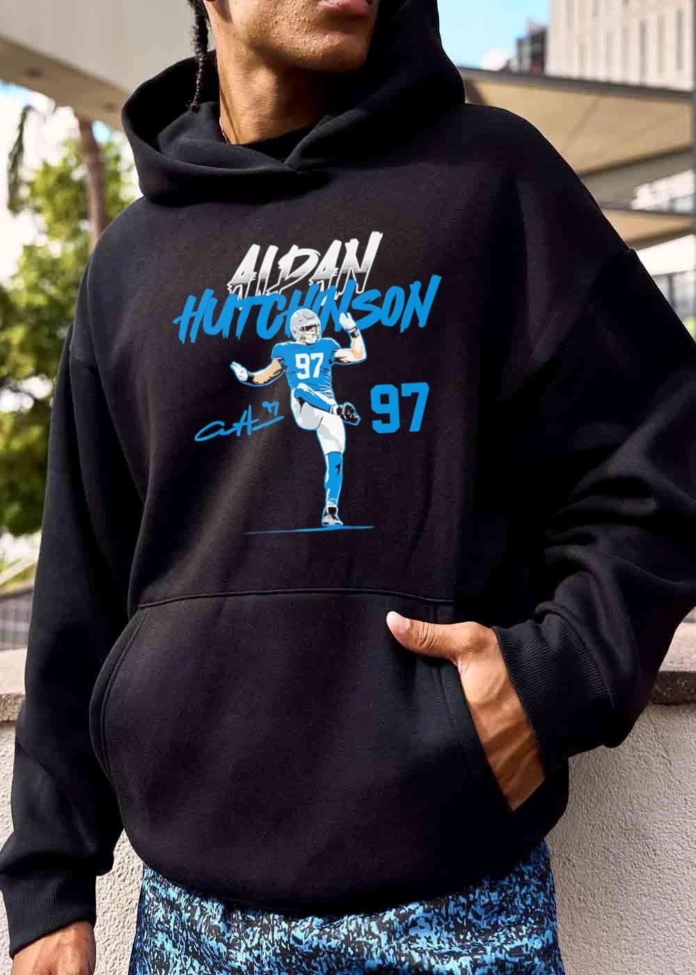 Aidan Hutchinson Signature High Kick Action Pose Jersey 97 Illustration shirt