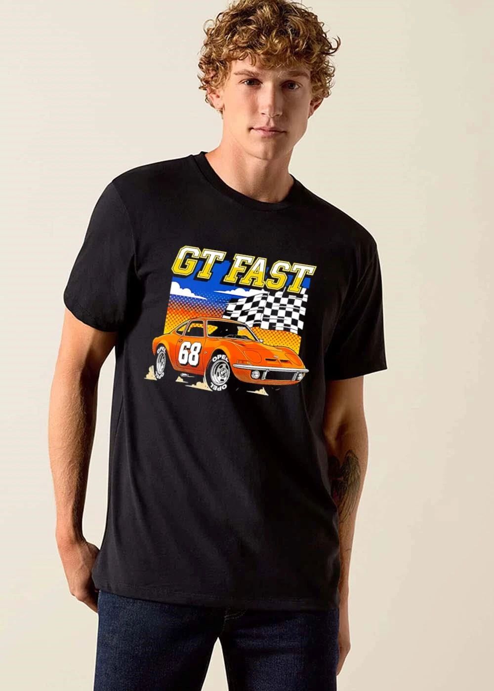 Opel Gt Fast Orange Race Car Checkered Flag Halftone Cartoon shirt