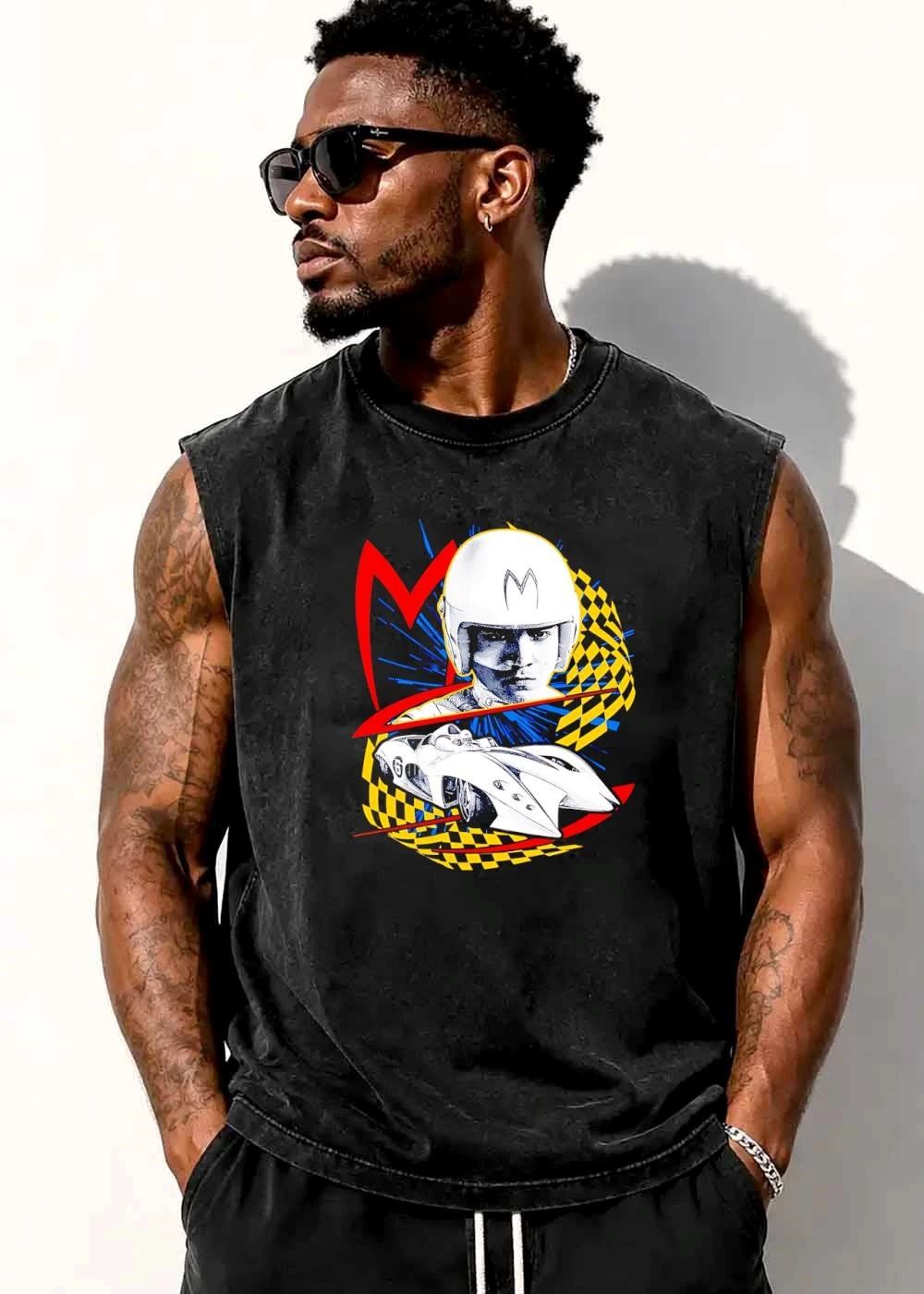 Speed Racer Driver Helmet Mach 5 Race Car Red M Logo Yellow Checkered Flag Halftone shirt