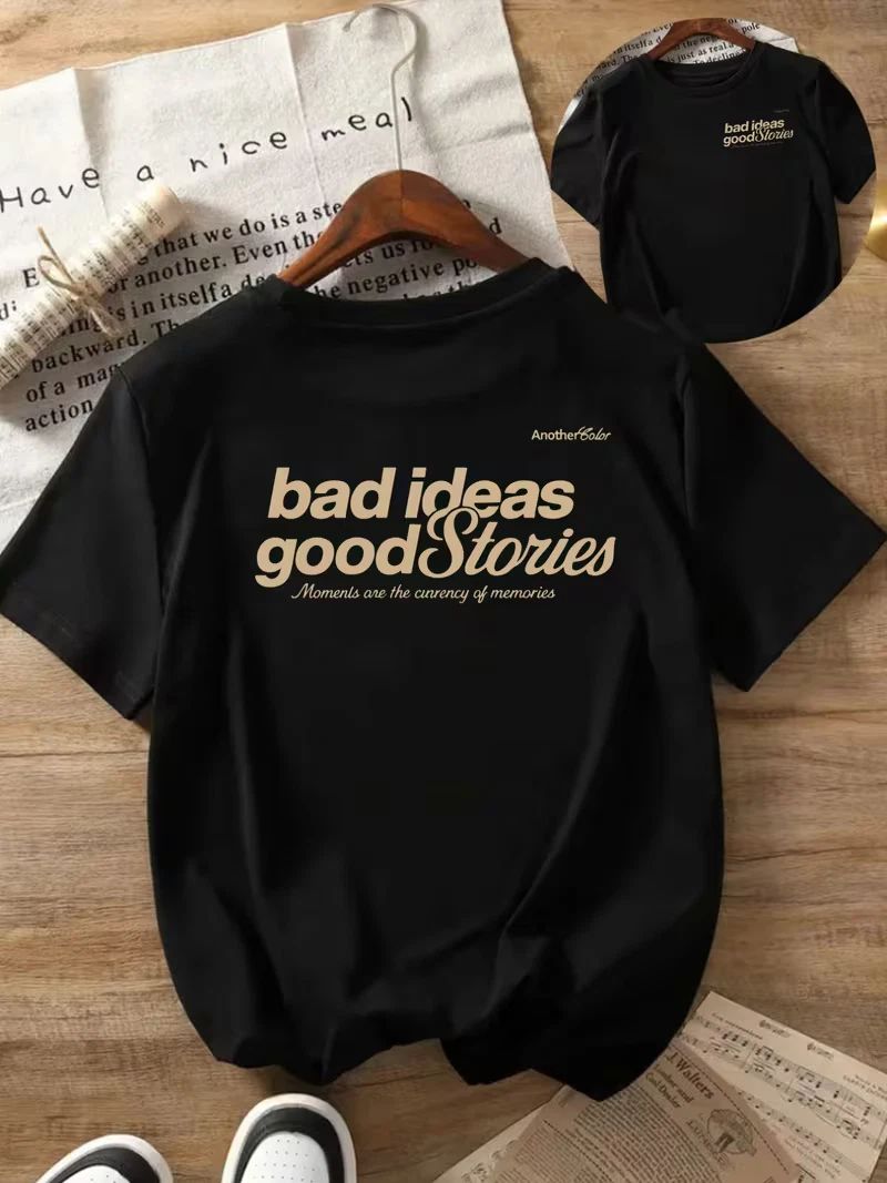 Trendy Men's Short Sleeve Tee "Bad Ideas, Good Stories" for Summer T-Shirt