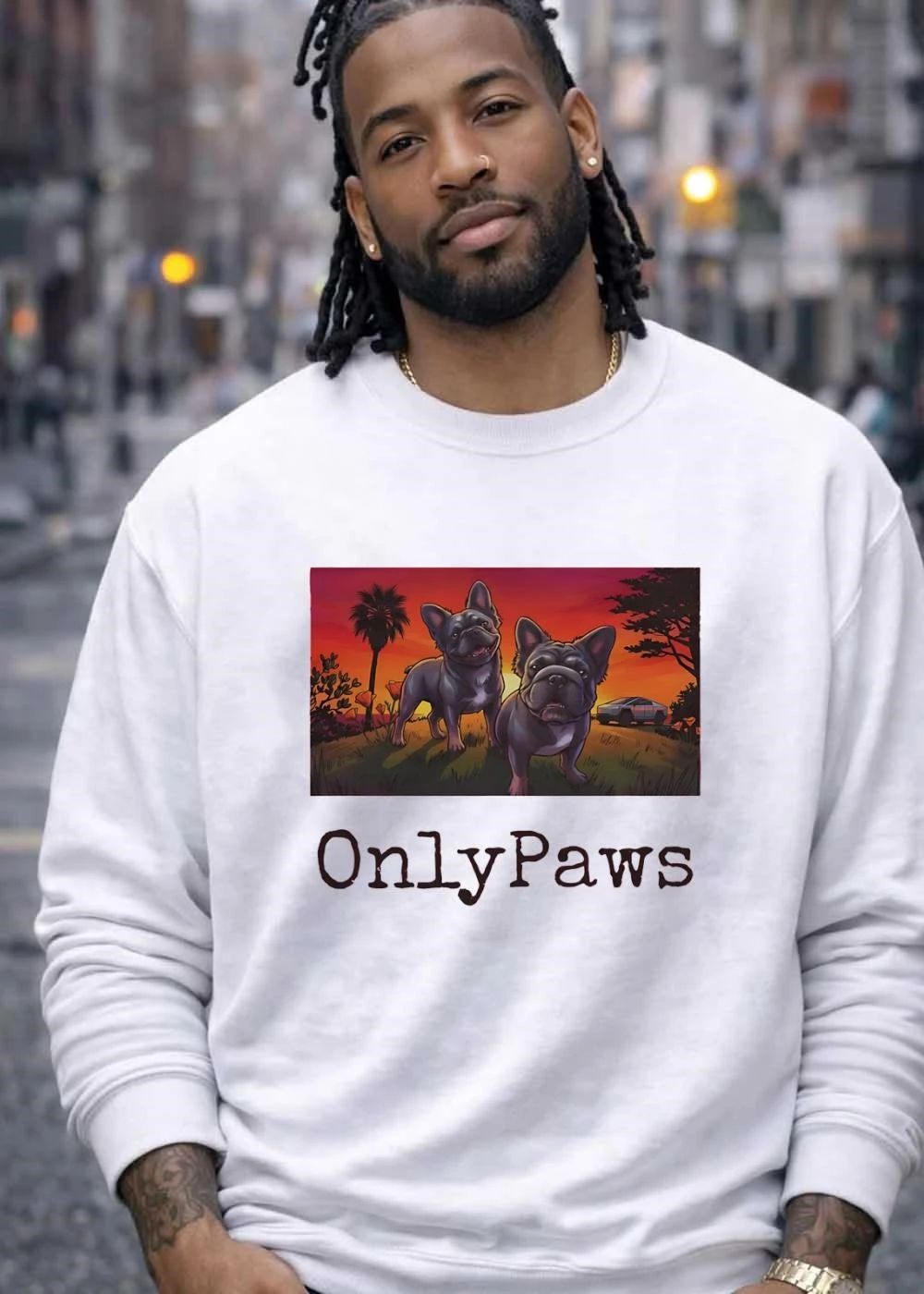 OnlyPaws Two French Bulldogs Sunset Cybertruck shirt