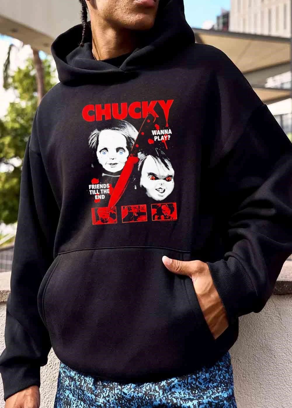 Chucky Wanna Play Friends Till The End Two Evil Doll Faces Bloody Knife Film Frames shirt