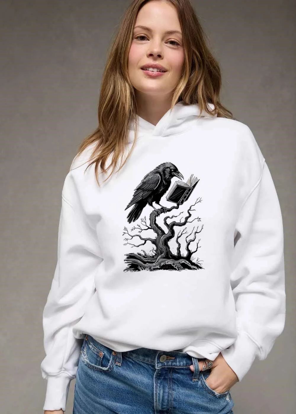 Gothic Black Raven Reading Open Book Perched On Gnarled Tree Line Art shirt