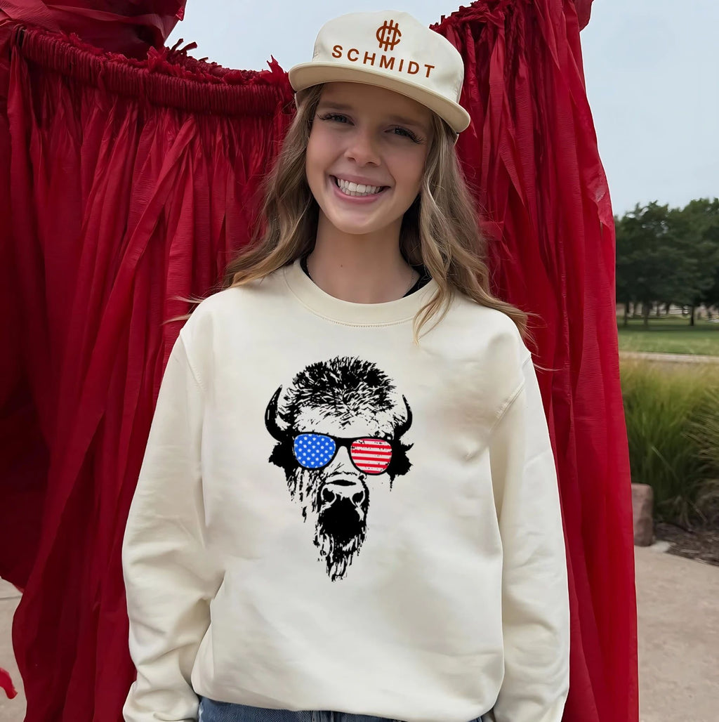 Patriotic Buffalo USA Flag American Red White Blue Sunglasses shirt