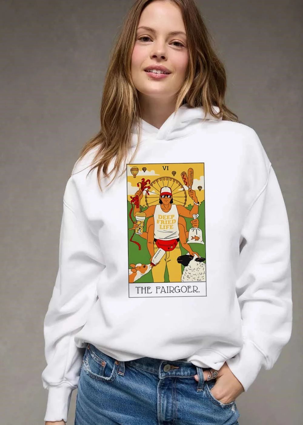 Vi Deep Fried Life The Fairgoer Six Armed Man Carnival Tarot Card Cartoon shirt