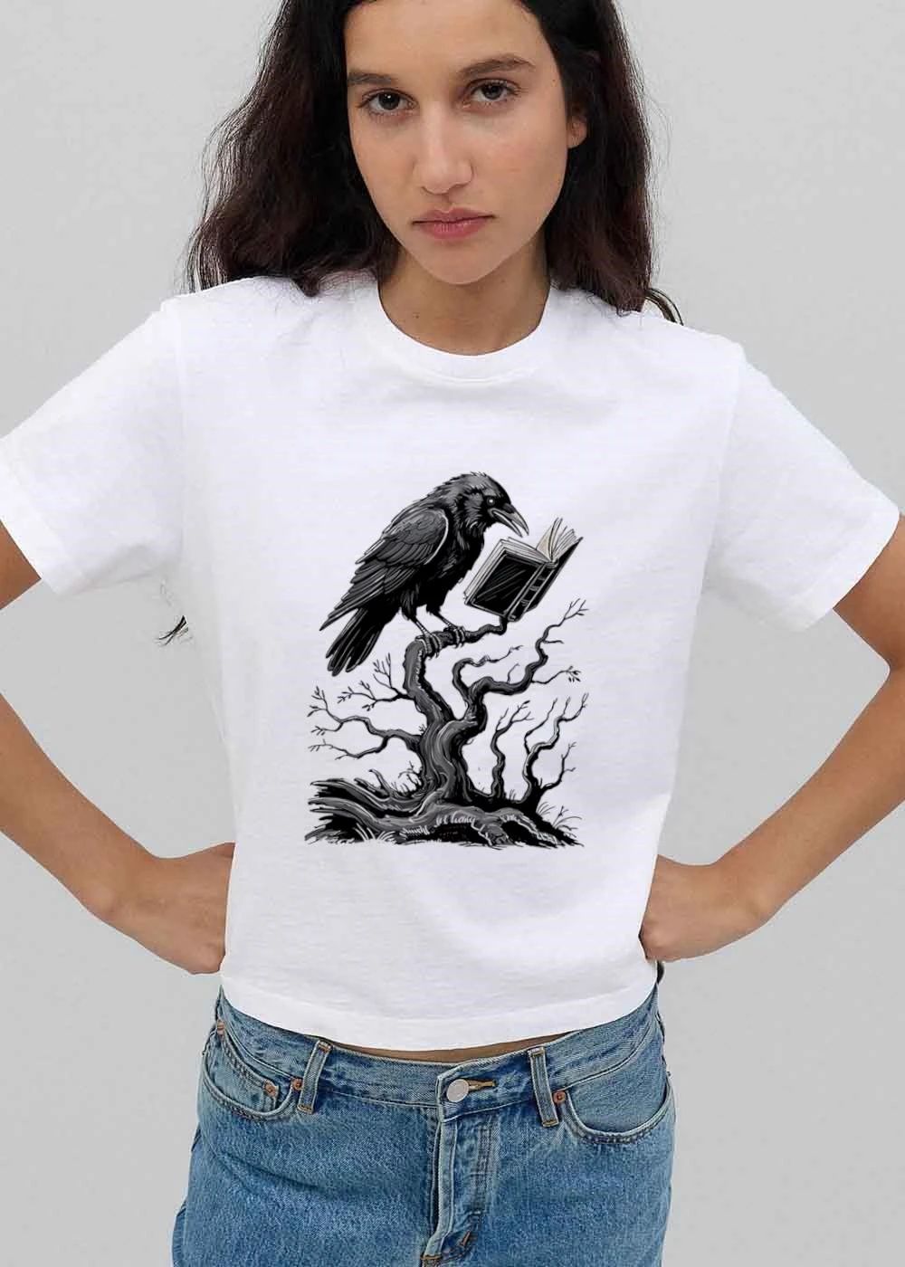 Gothic Black Raven Reading Open Book Perched On Gnarled Tree Line Art shirt