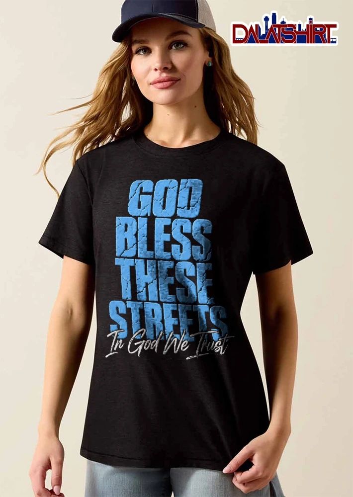 God Bless These Streets In God We Trust Distressed Cracked Block Text Cursive Script shirt