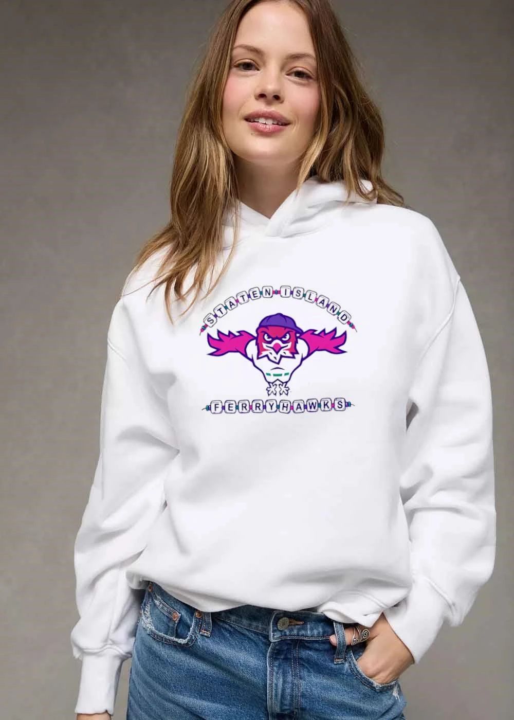 Staten Island Ferryhawks Cartoon Bird Mascot Backwards Cap Letter Beads shirt