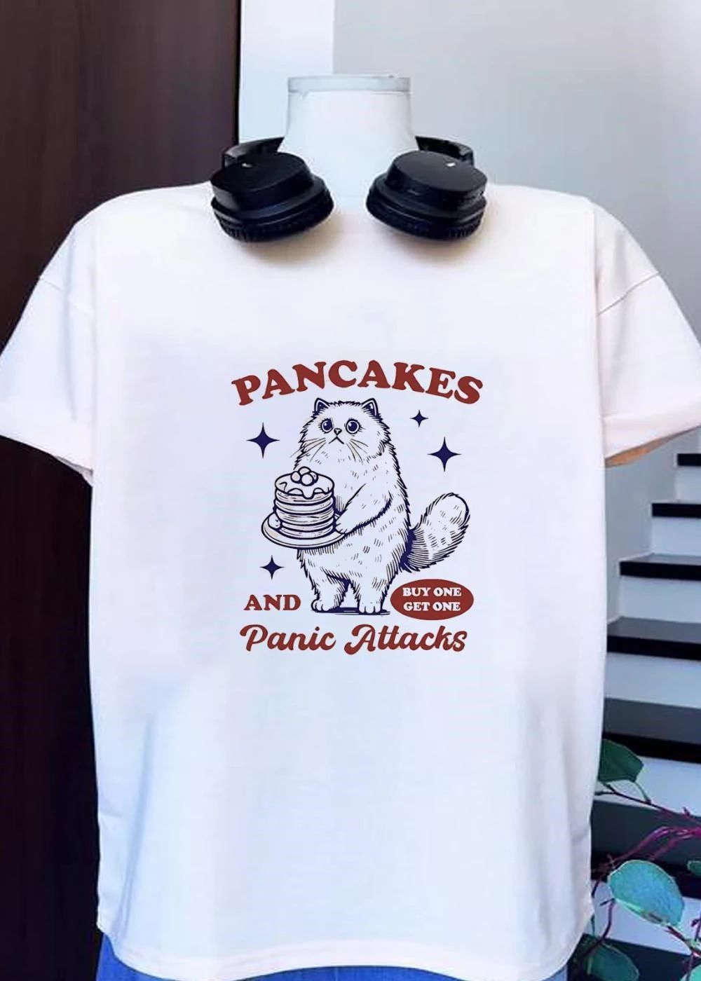 Funny Cat Holding Pancakes and Panic Attacks Buy One Get One shirt