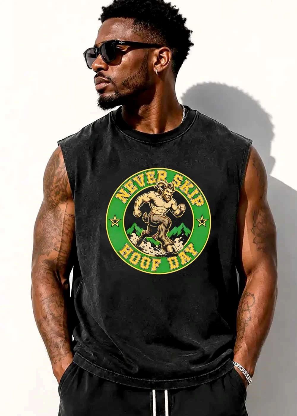 Never Skip Hoof Day Muscular Satyr Running Mountains Circular Emblem shirt