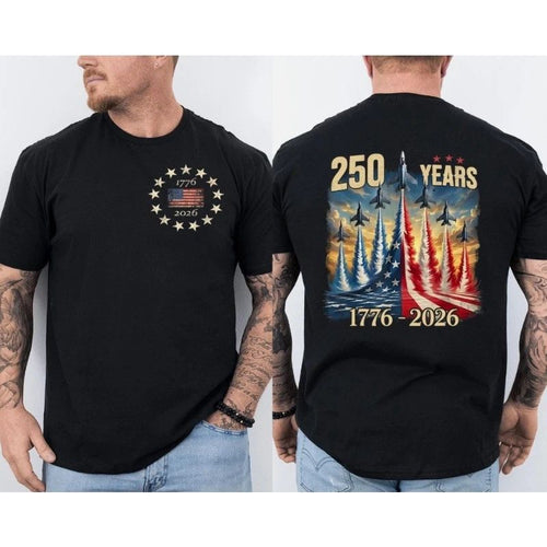 250 Years America Anniversary Fighter Jets Patriotic T-Shirt Front & Back