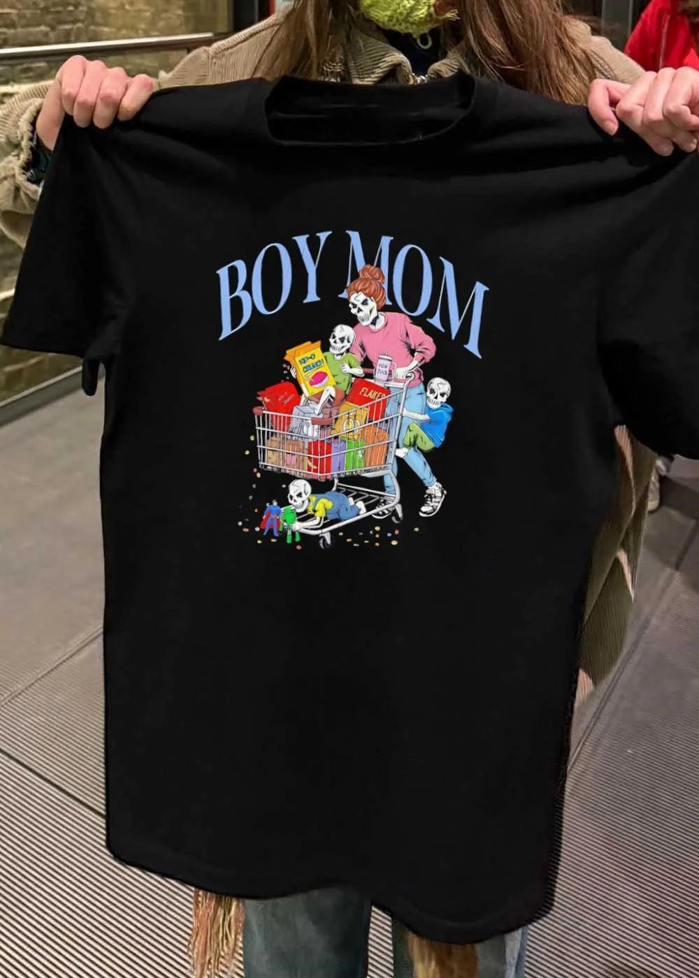 Skeleton Mom Pushing Shopping Cart with Kids Eating Cereal and Playing Boy Mom shirt