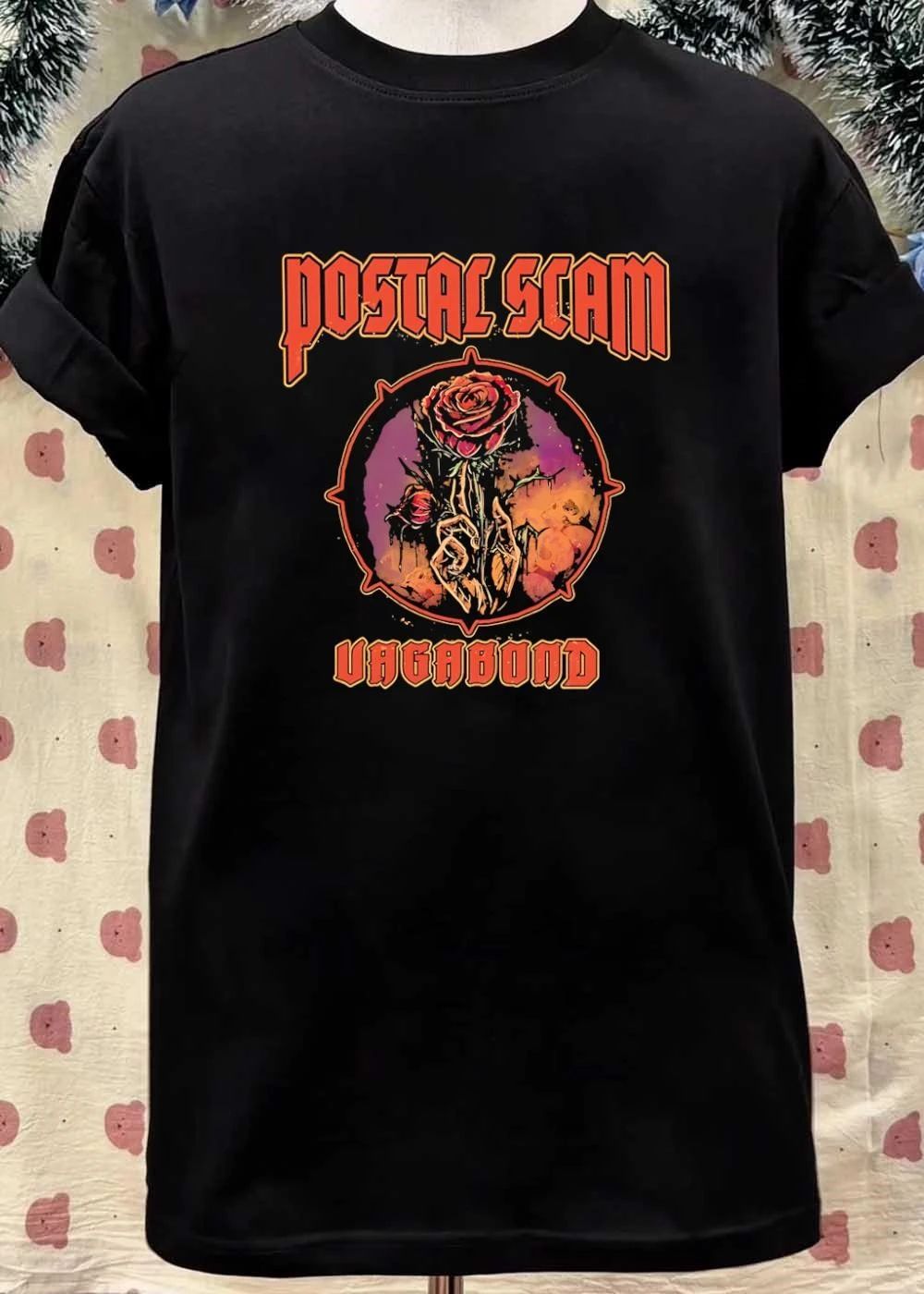 Postal Scam Vagabond Rose Skull Skeleton Hand Heavy Metal Style shirt