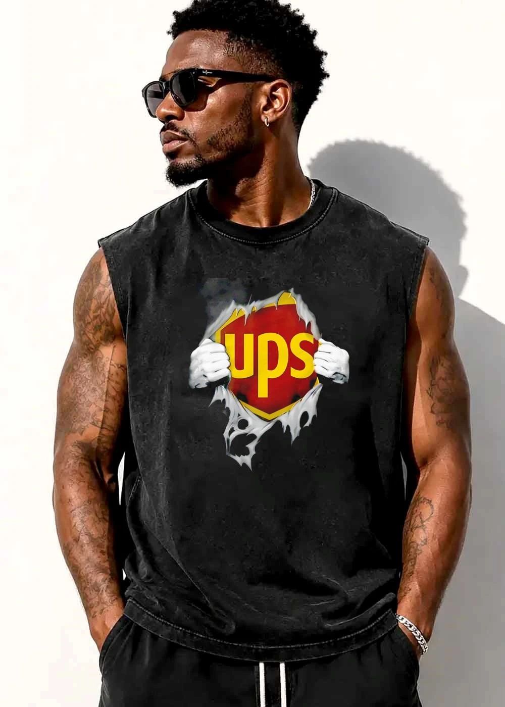 Ups Logo Hands Pulling Open Torn Gray Garment Revealing Superhero Shield shirt