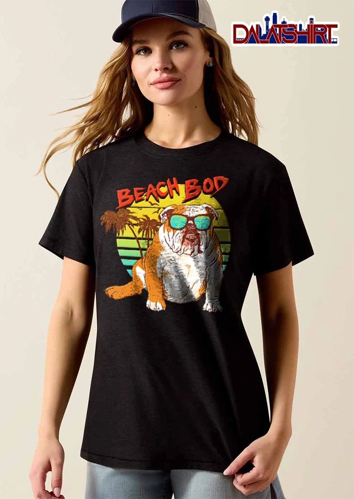 Beach Bod English Bulldog Sunglasses Palm Trees Retro Sunset Cartoon shirt