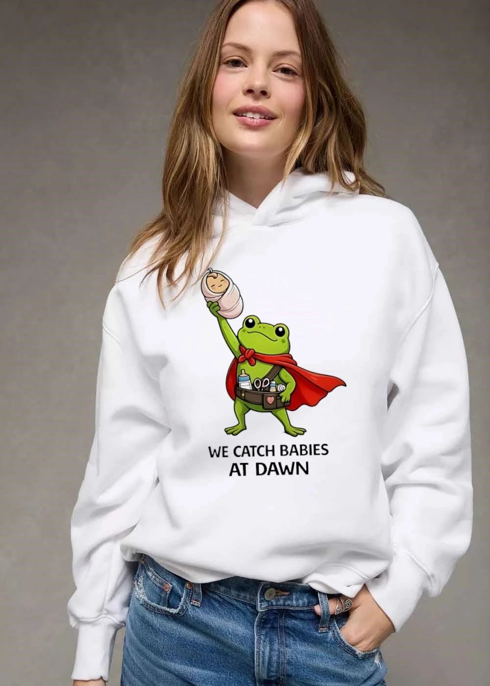 We Catch Babies At Dawn Cartoon Cape Frog Utility Belt Swaddled Infant shirt