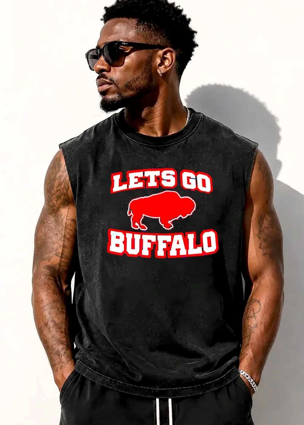 Lets Go Buffalo Red Standing Bison Silhouette White Outline shirt