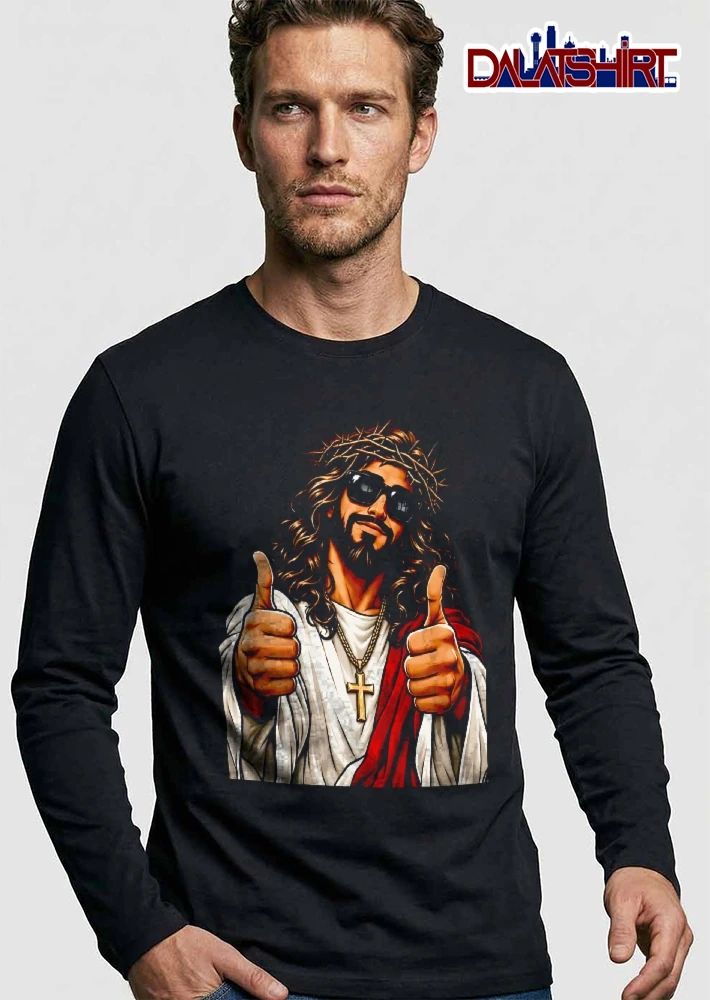 Jesus Wearing Sunglasses Crown Thorns Gold Cross Necklace Double Thumbs Up shirt