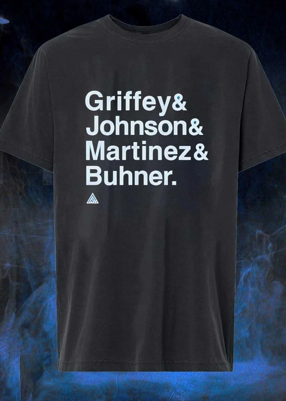 Griffey Johnson Roster White Sans Serif Typography Text Black Background Triangle Logo shirt