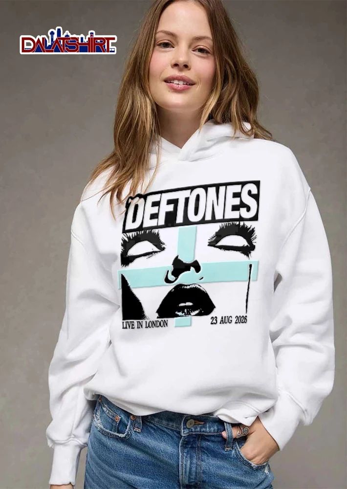 Deftones Live In London 23 Aug 2026 Stylized Face Lips Light Blue Cross shirt