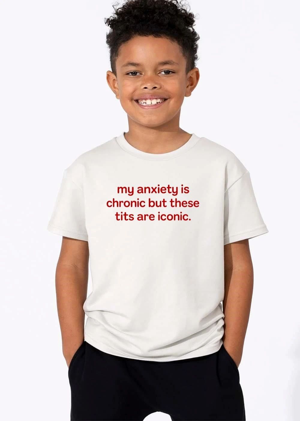 My Anxiety Is Chronic But These Tits Are Iconic Red Typography Text Only shirt