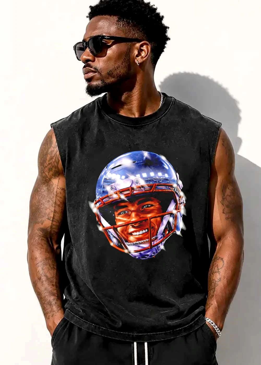 Smiling Football Player Glossy Metallic Helmet Stadium Lights shirt
