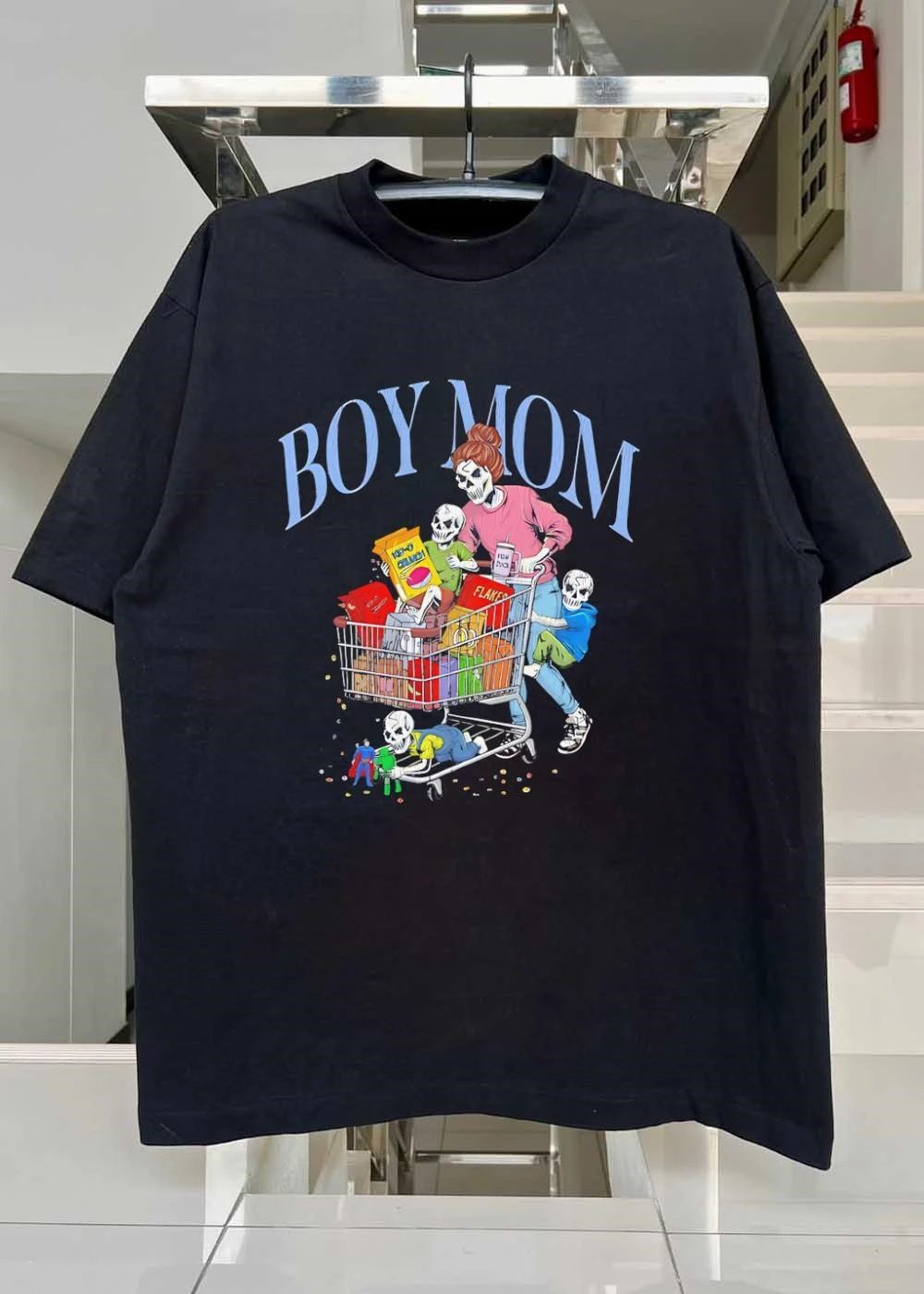 Skeleton Mom Pushing Shopping Cart with Kids Eating Cereal and Playing Boy Mom shirt