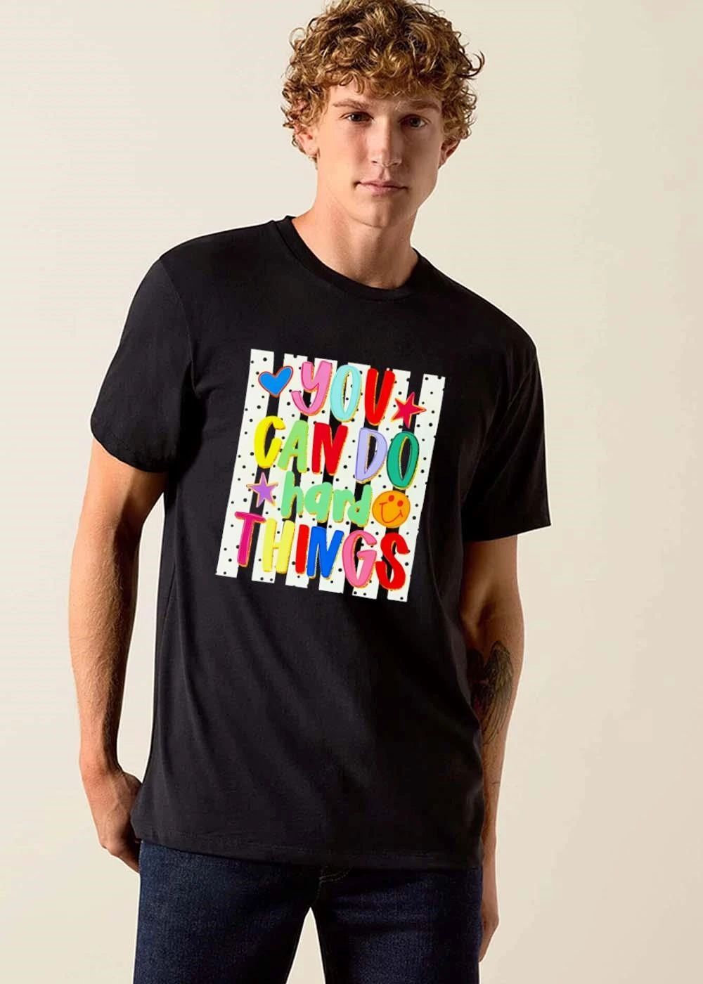 You Can Do Hard Things Colorful 3d Bubble Letters Striped Polka Dot Background Stars Smiley Face shirt