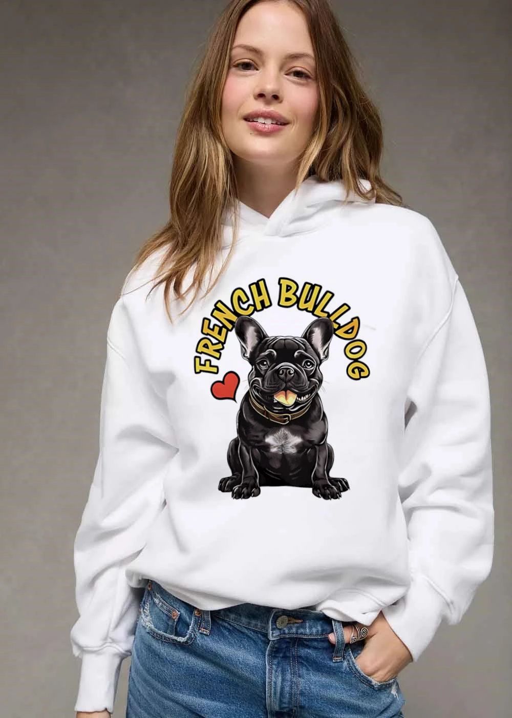 French Bulldog Cartoon Black Sitting Pet Tongue Out Collar Red Heart shirt