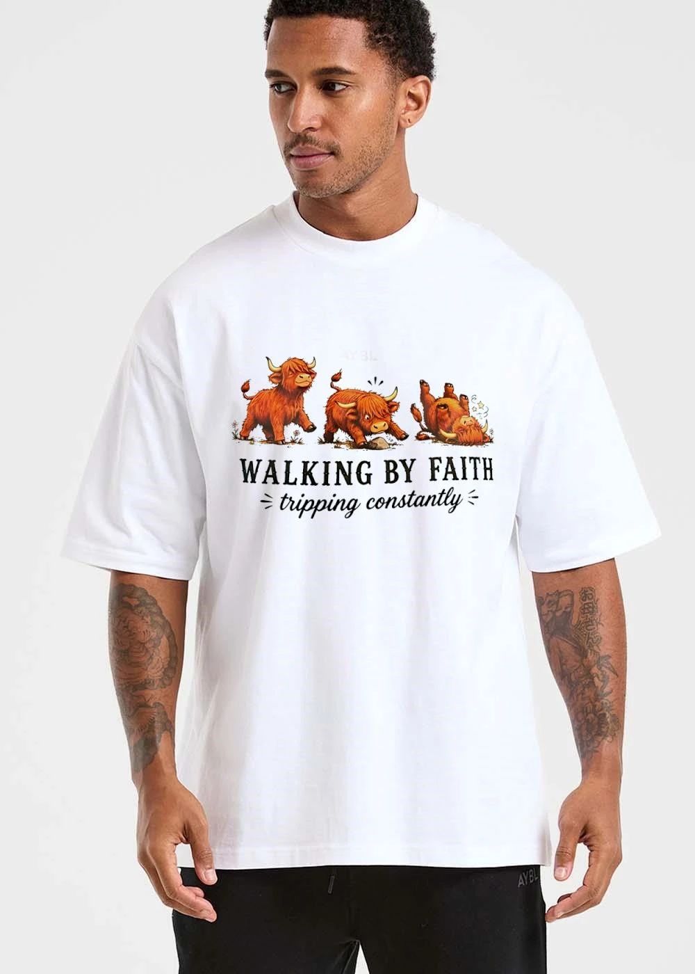 Walking By Faith Tripping Constantly Cartoon Highland Cows Stumbling Over Rock shirt