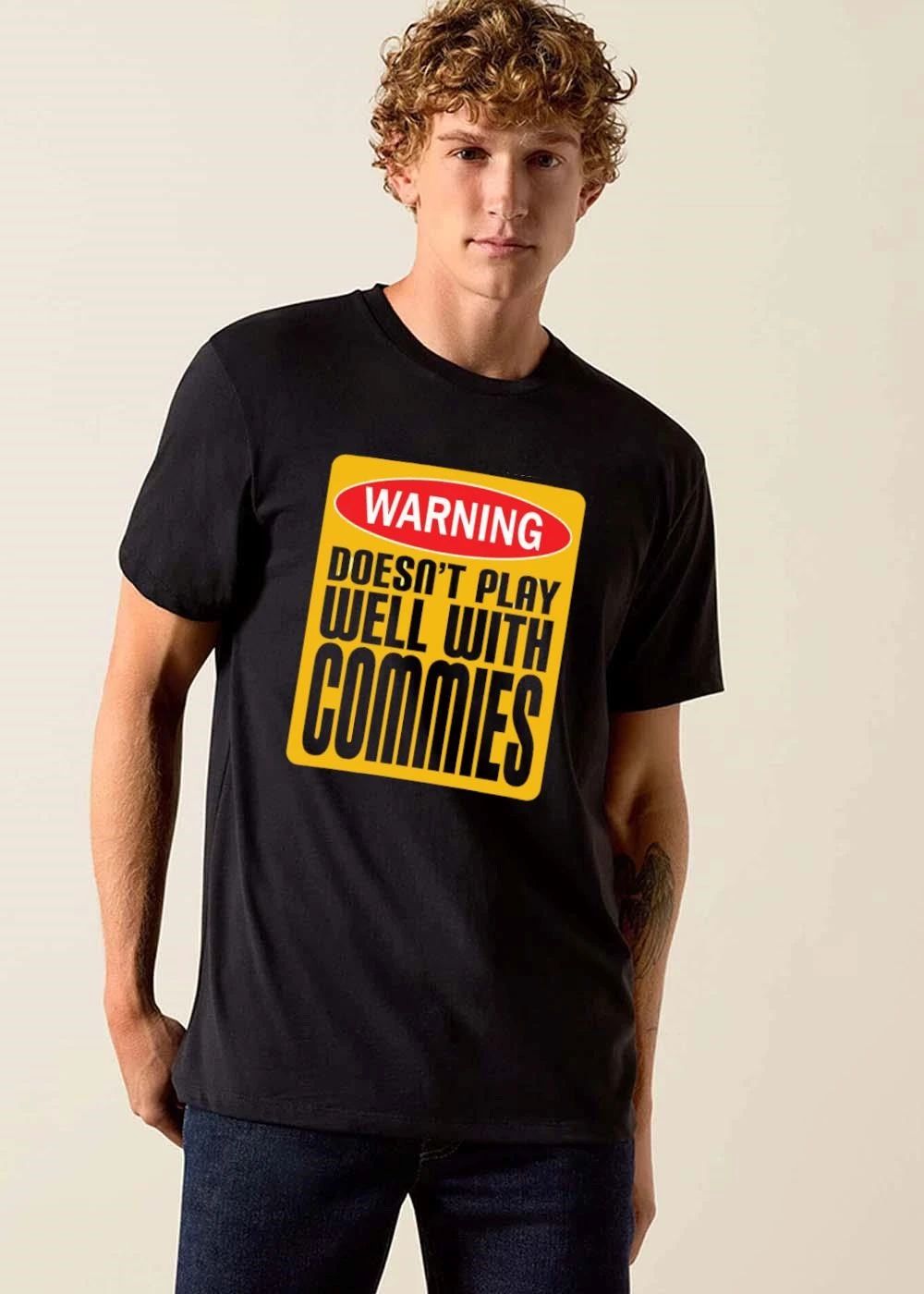 Warning Doesnt Play Well With Commies Red Oval Yellow Sign shirt