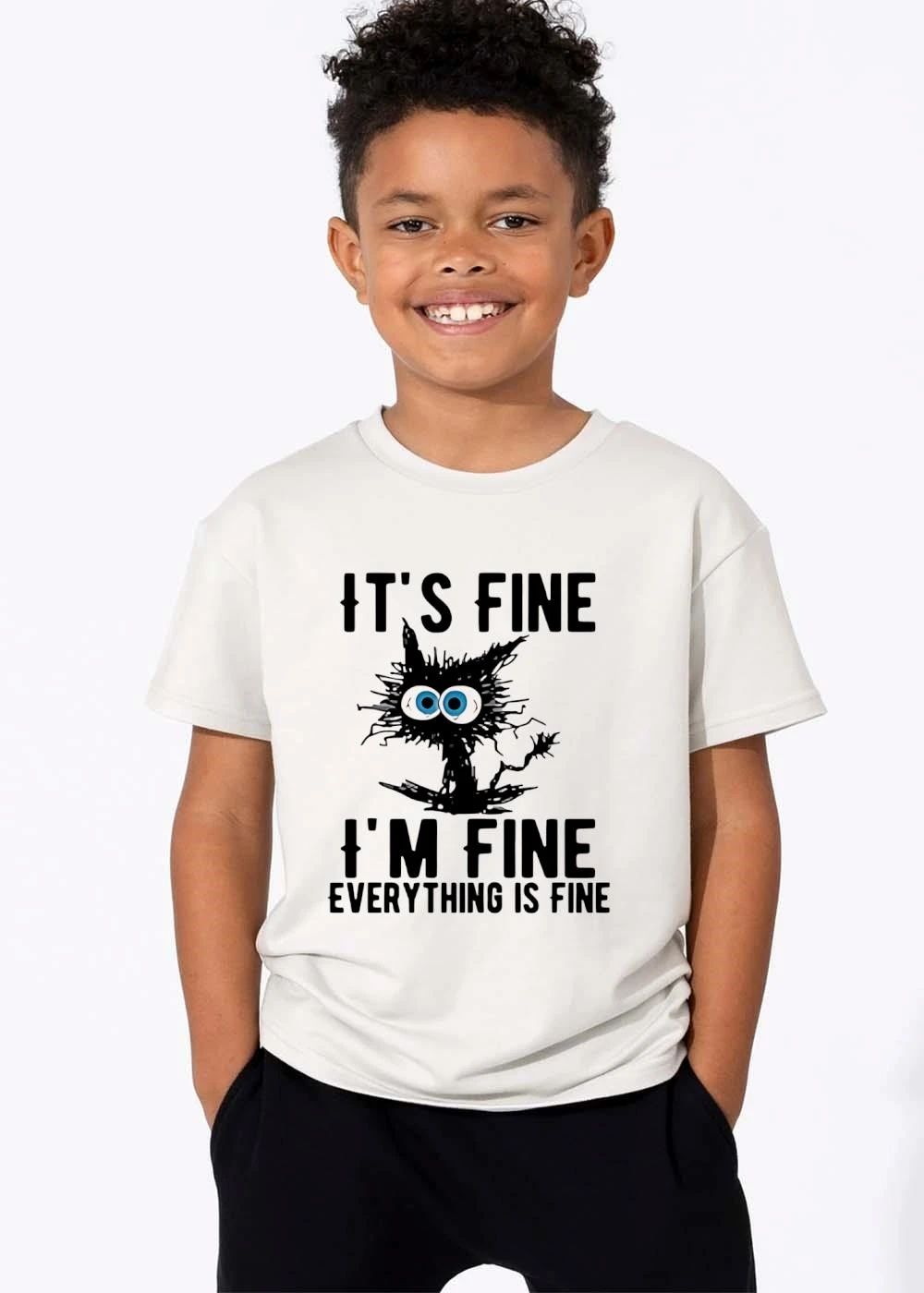 Its Fine Im Everything Is Cartoon Scruffy Black Cat Big Eyes shirt