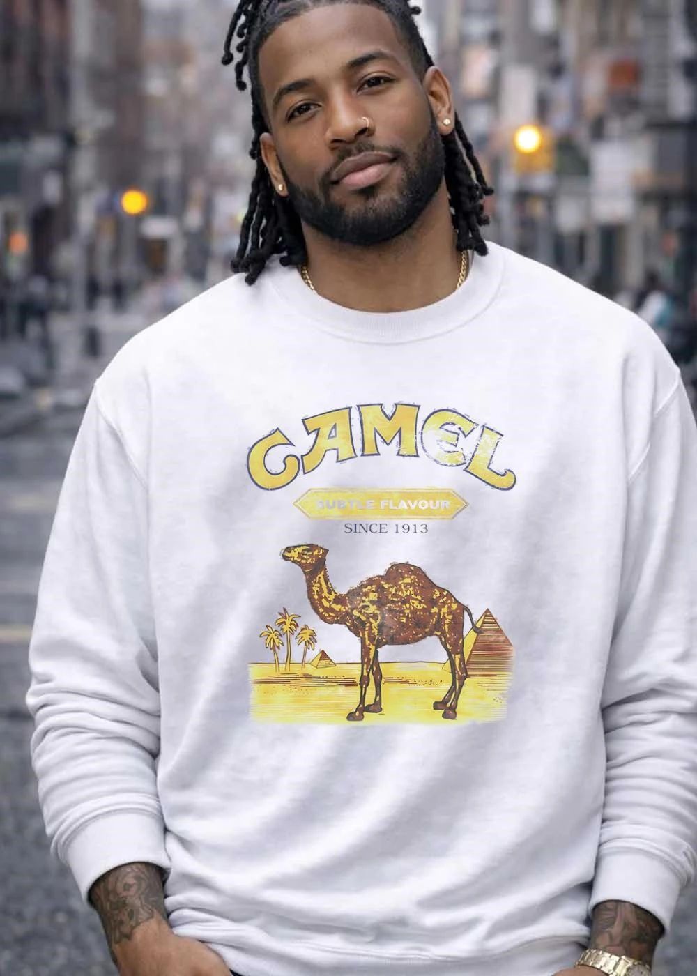 Camel Subtle Flavour Since 1913 Vintage Distressed Desert Landscape Pyramids Palm Trees shirt