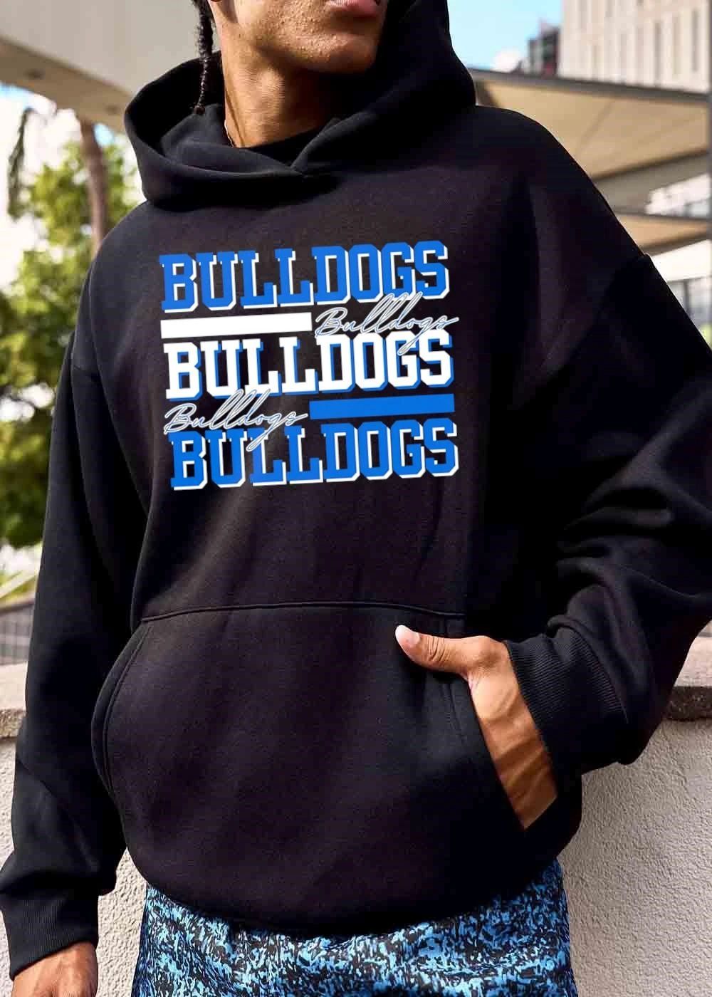 Bulldogs Stacked Block Cursive Lettering Accent Bars shirt