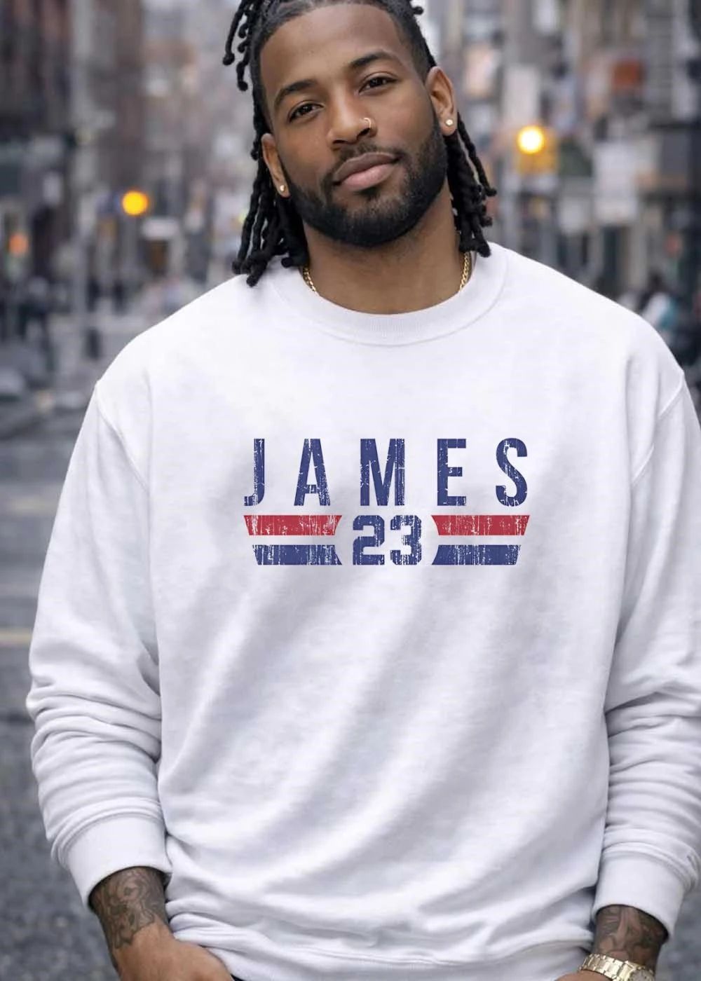 James 23 Apparel Distressed Red White and Blue Basketball Jersey shirt