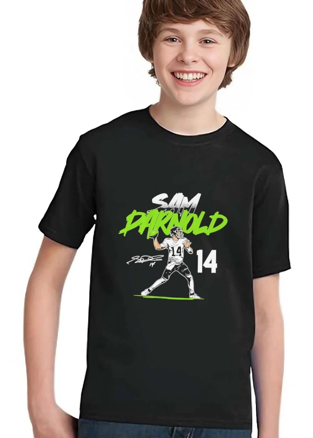 Sam Darnold 14 Quarterback Throwing Green Football Signature Line Art shirt