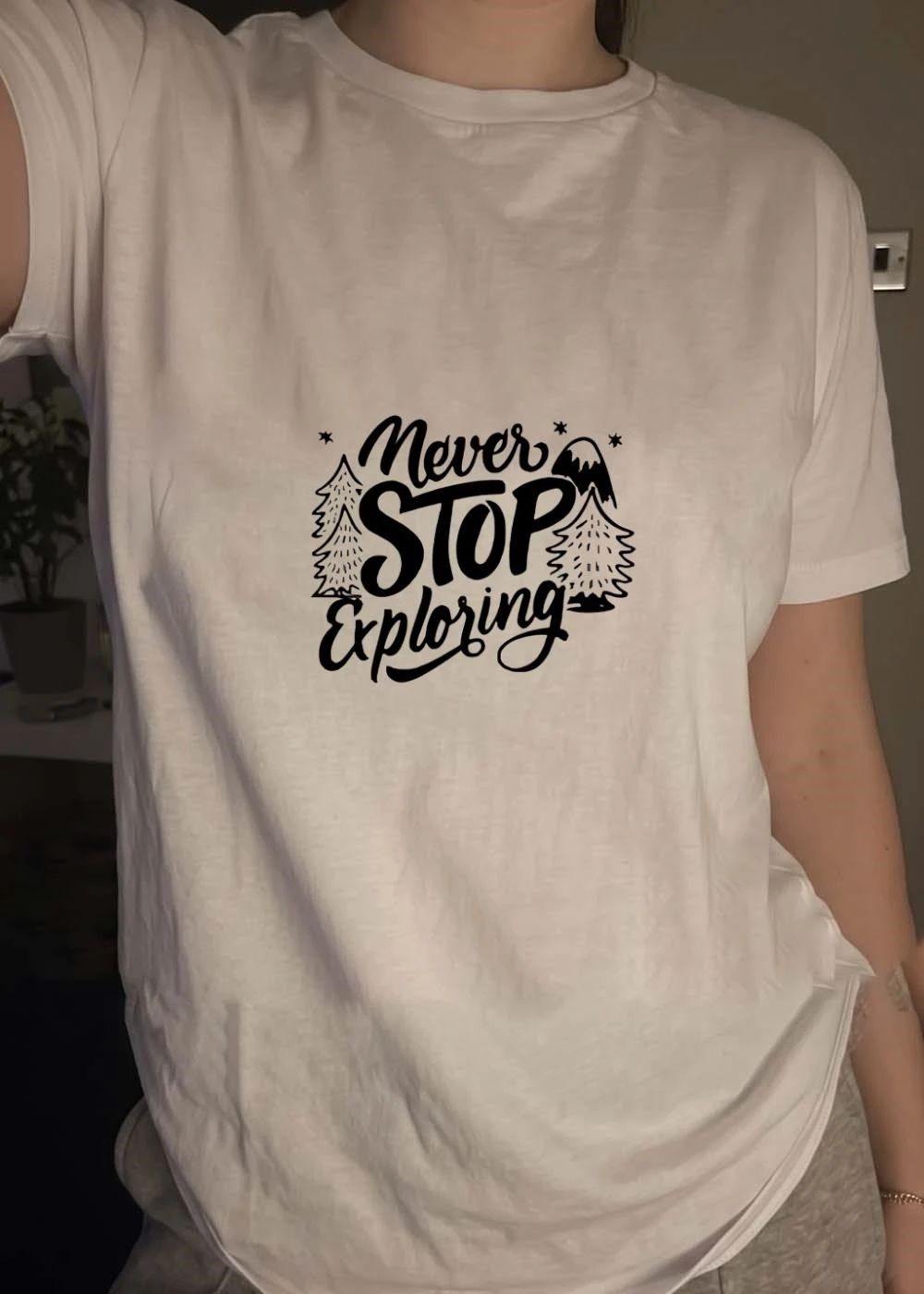 Never Stop Exploring Pine Trees Snowy Mountain Peak Stars Line Art shirt