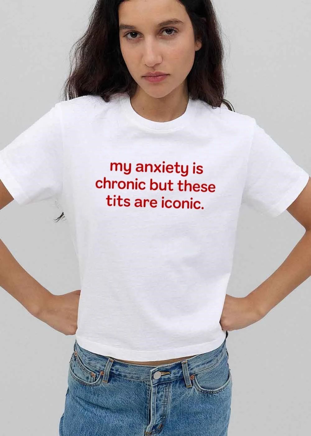 My Anxiety Is Chronic But These Tits Are Iconic Red Typography Text Only shirt