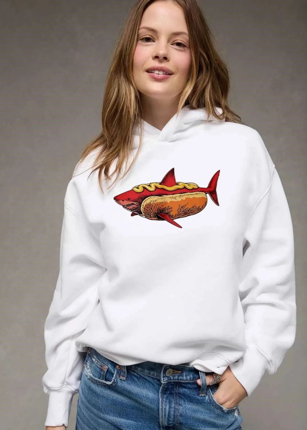 Cartoon Red Shark Swimming Inside Hot Dog Bun Yellow Mustard shirt